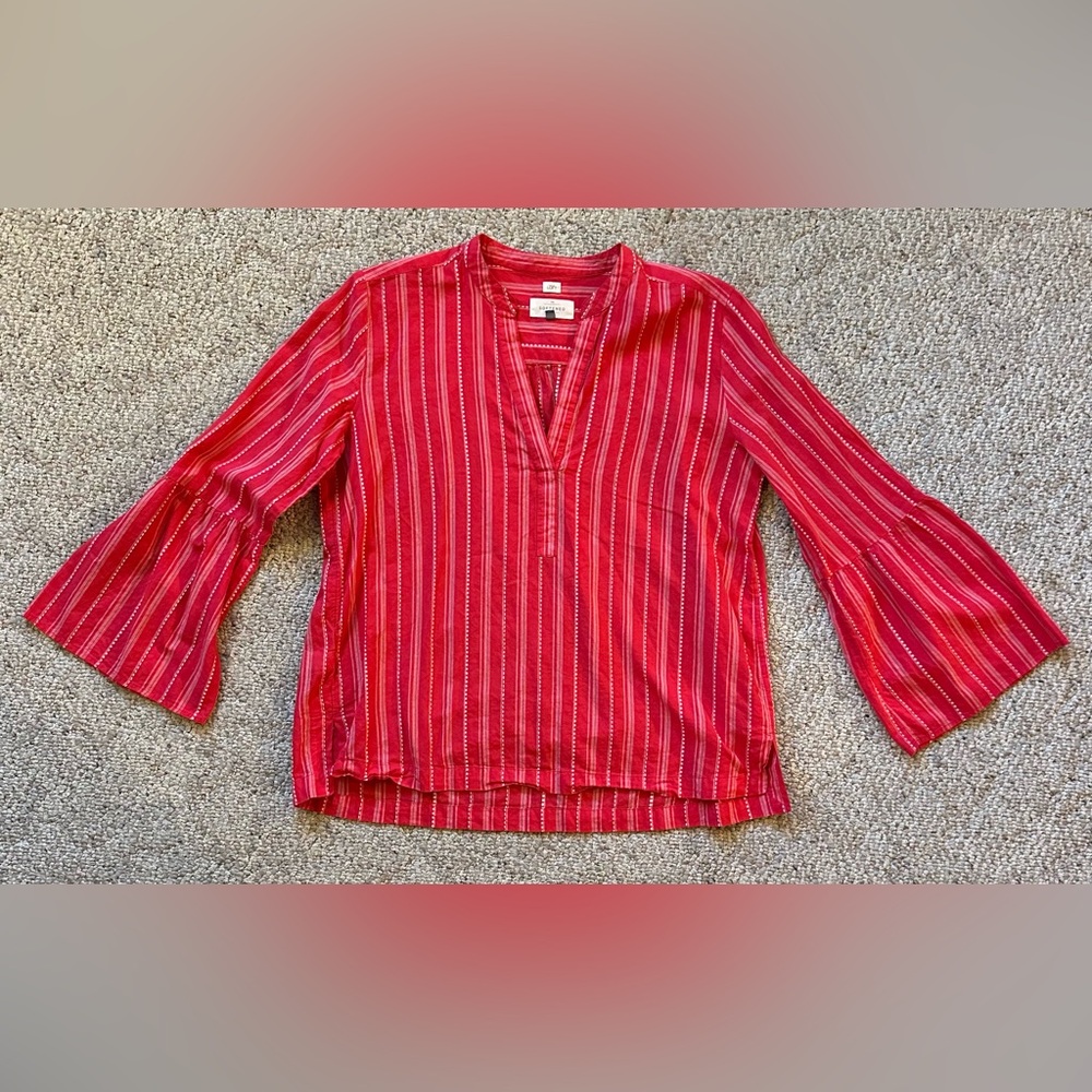 Loft Women’s Red Pink Striped Cotton Lightweight Pullover Bell-Sleeved Top, Sz S